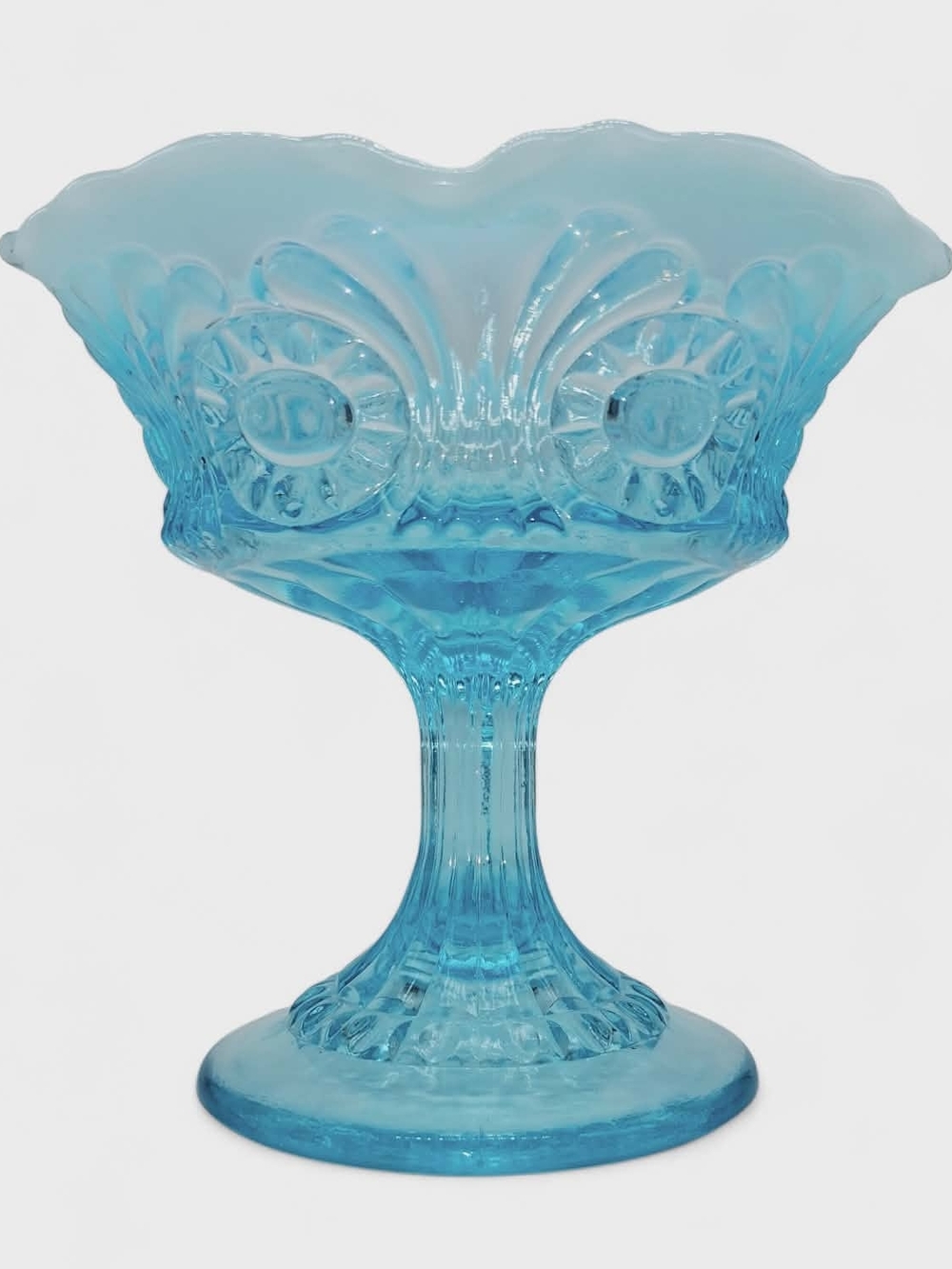 Fenton Eye & Scroll Blue Opalescent Compote